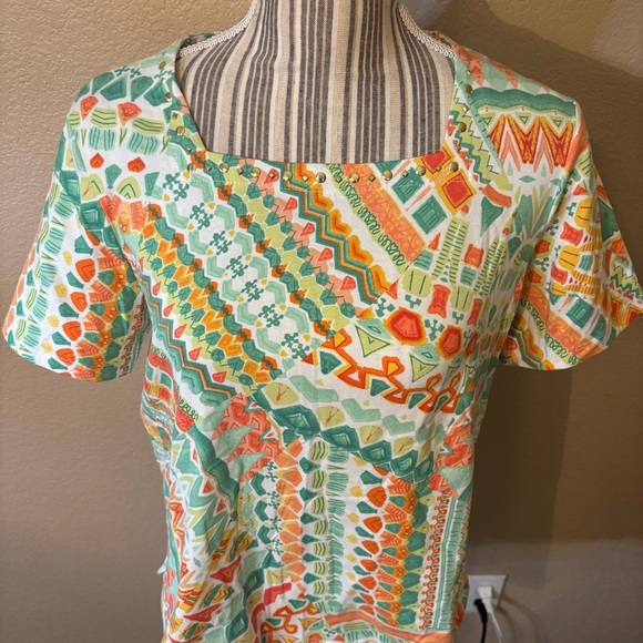 Alfred Dunner Orange and Blue Graphic Short Sleeve Tee - Picture 2 of 15